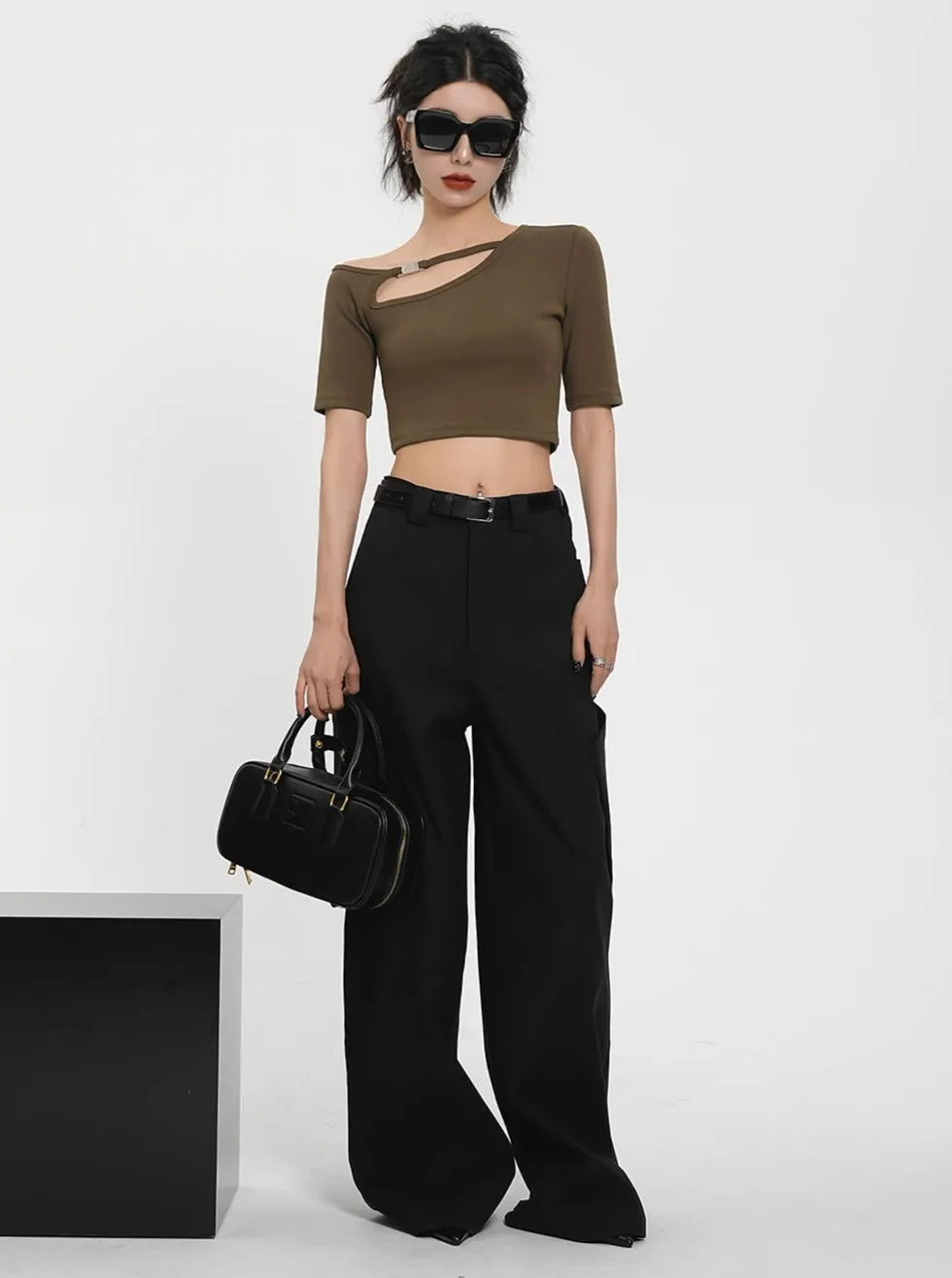 Asymmetric Cut-Out Crop Top - Ribbed Short Sleeve Fitted Tee