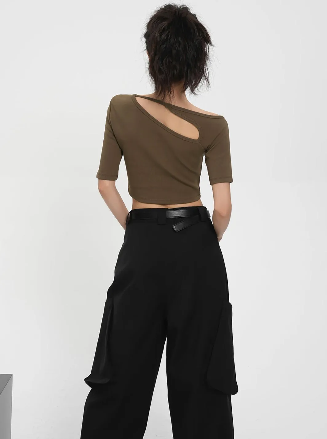 Asymmetric Cut-Out Crop Top - Ribbed Short Sleeve Fitted Tee