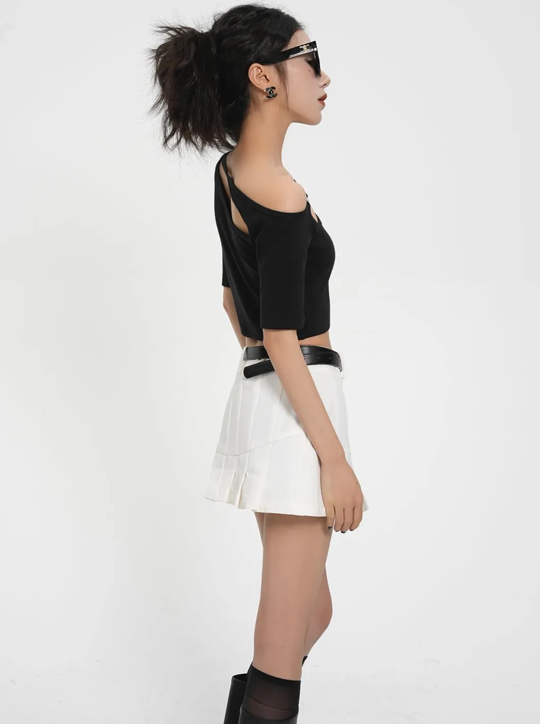 Asymmetric Cut-Out Crop Top - Ribbed Short Sleeve Fitted Tee