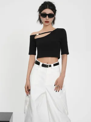 Asymmetric Cut-Out Crop Top - Ribbed Short Sleeve Fitted Tee