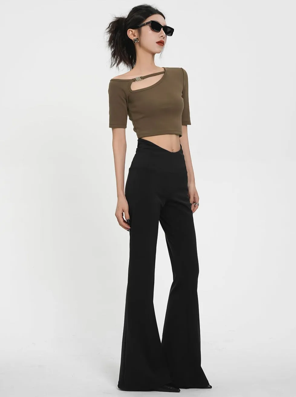 Asymmetric Cut-Out Crop Top - Ribbed Short Sleeve Fitted Tee