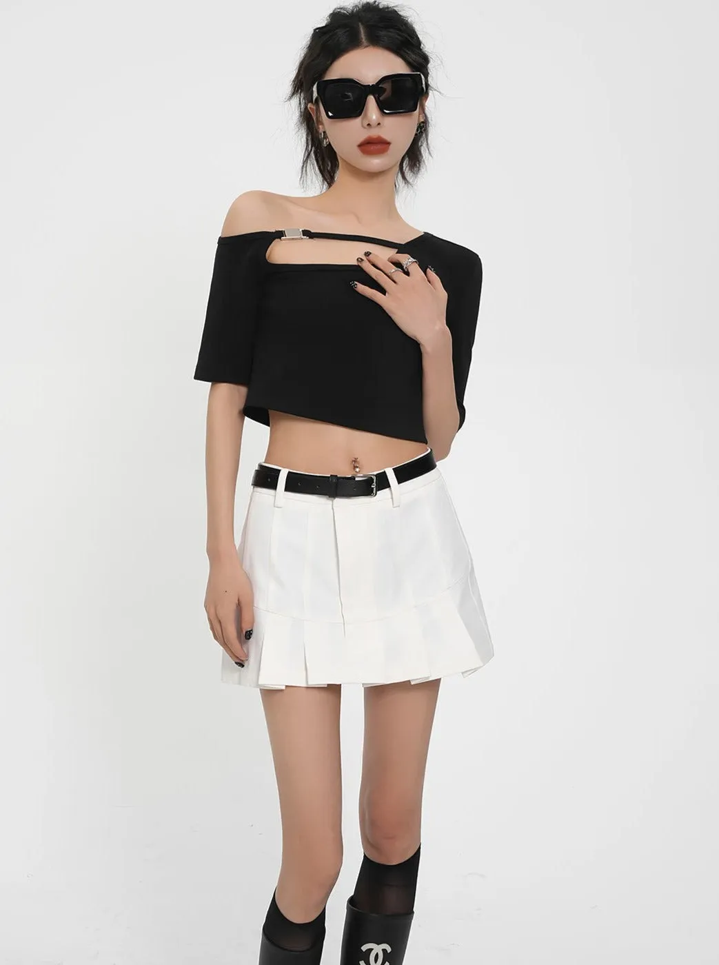 Asymmetric Cut-Out Crop Top - Ribbed Short Sleeve Fitted Tee