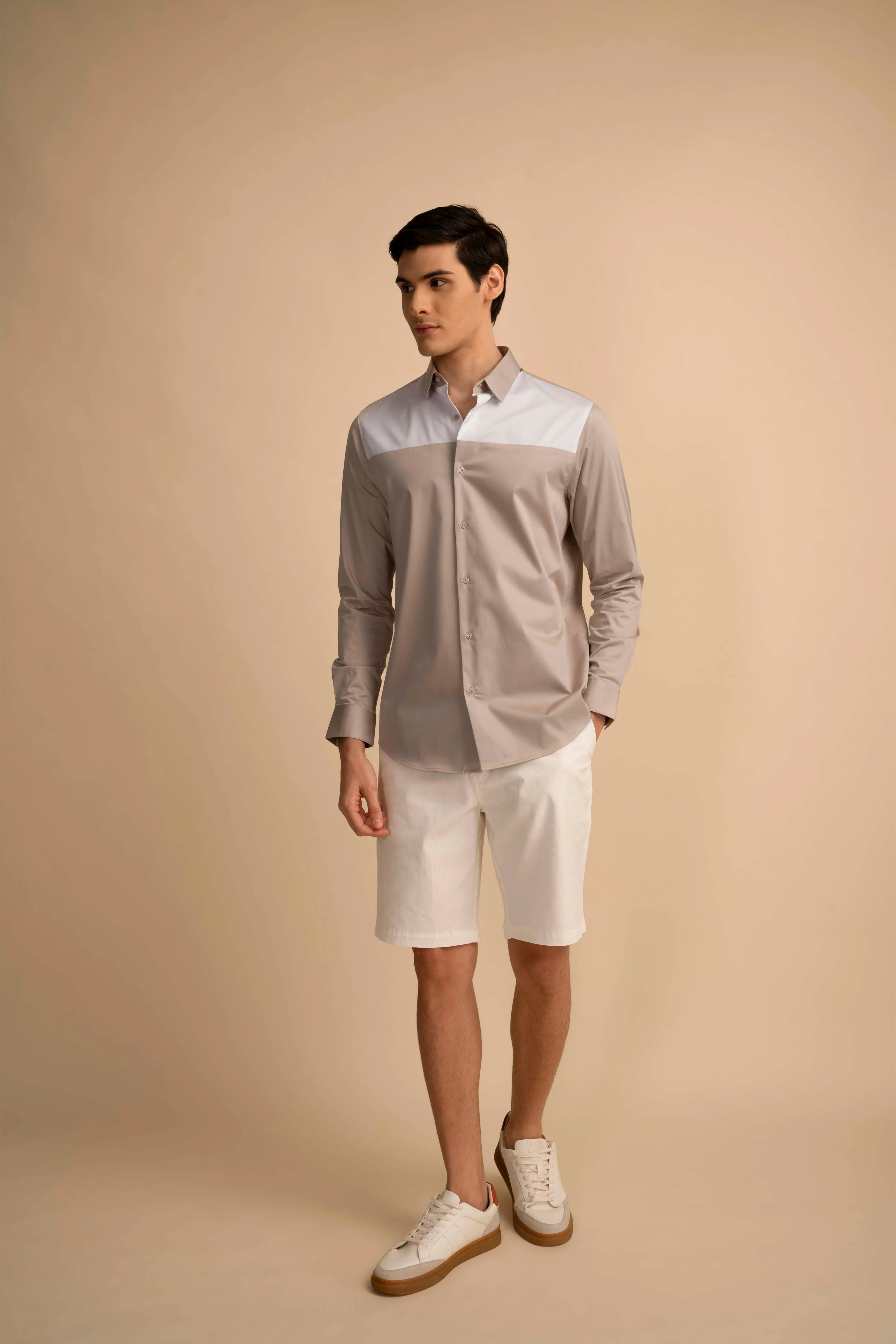 Beige Panel Stretch Satin Shirt EOSS