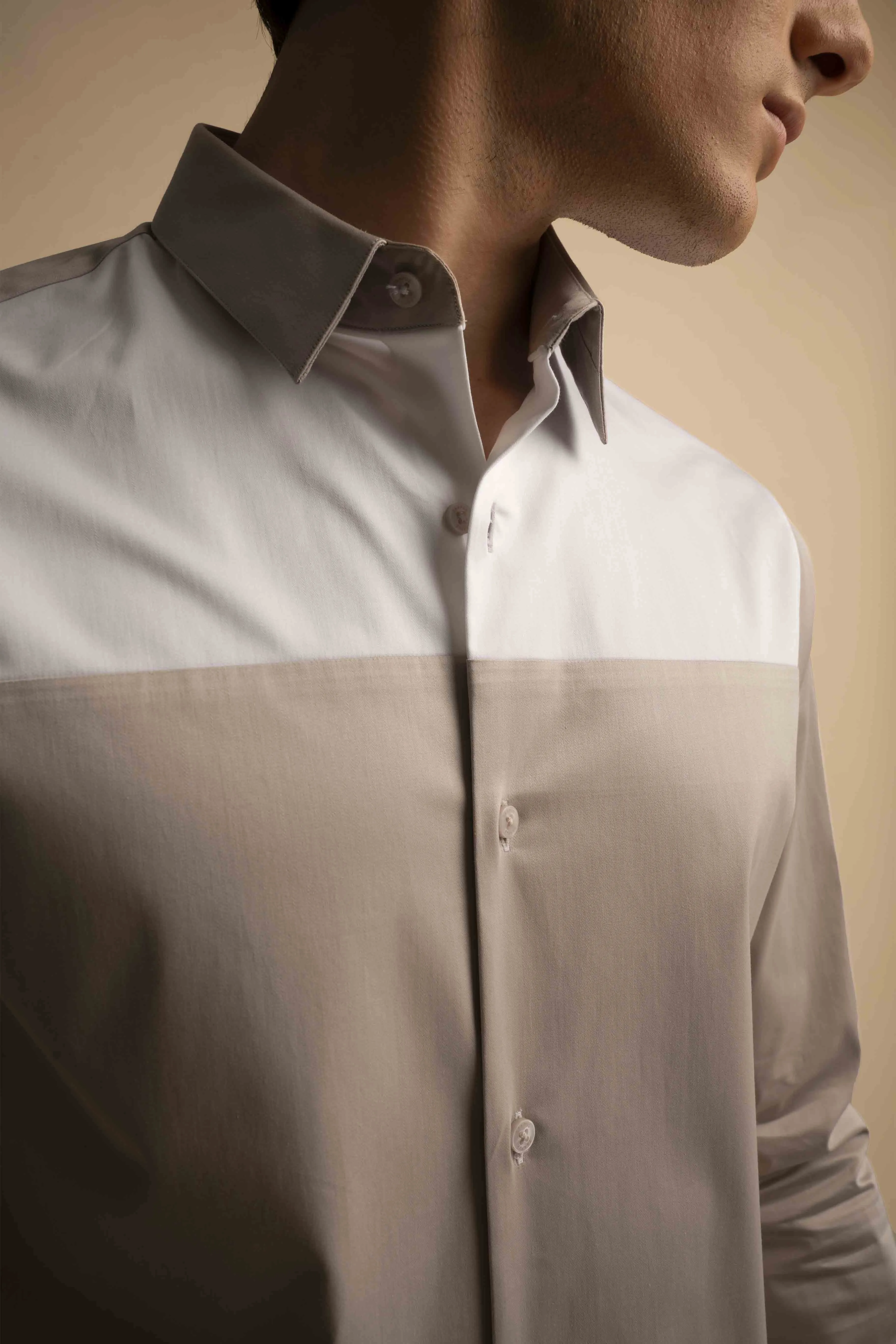 Beige Panel Stretch Satin Shirt EOSS