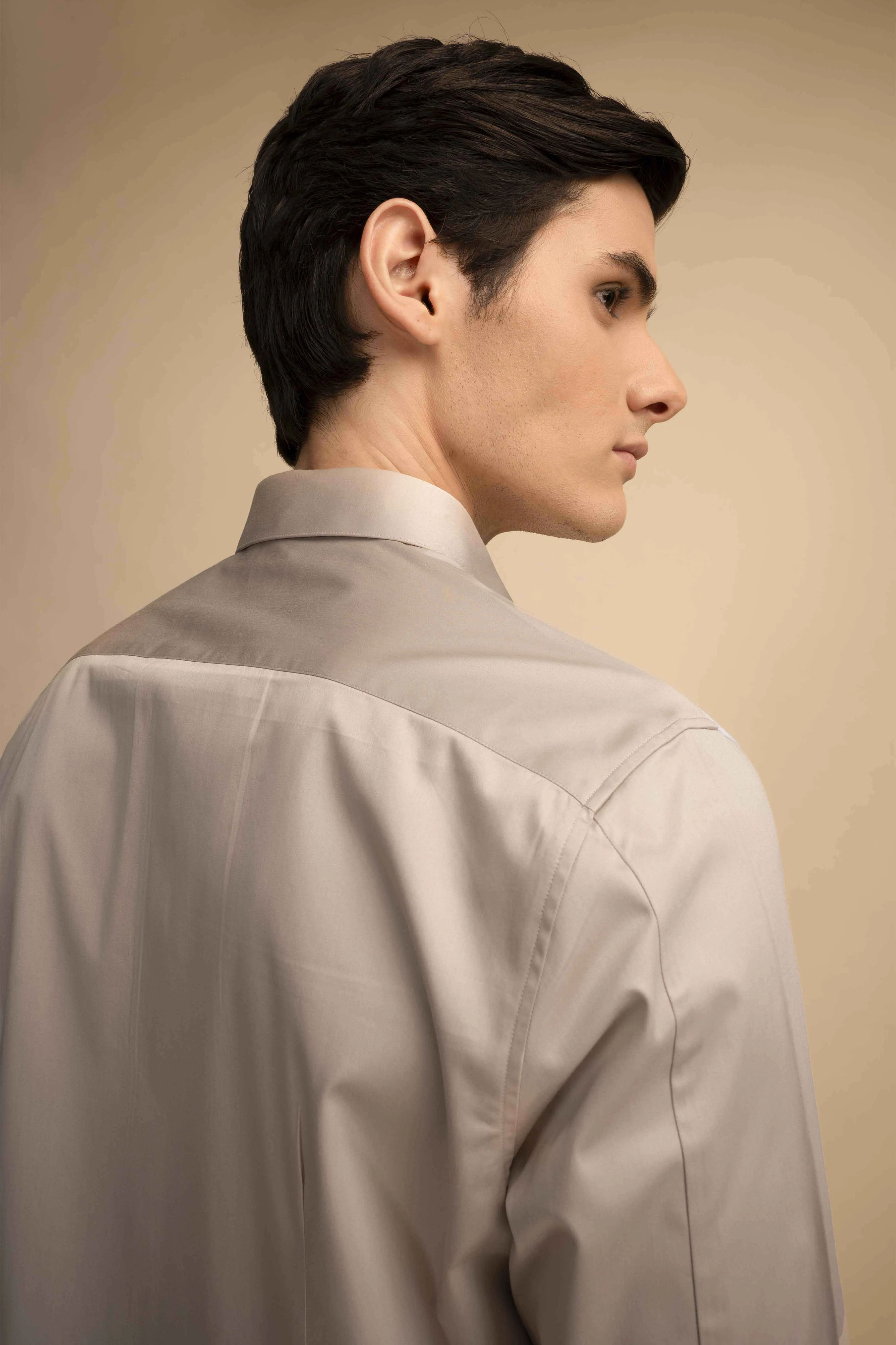 Beige Panel Stretch Satin Shirt EOSS