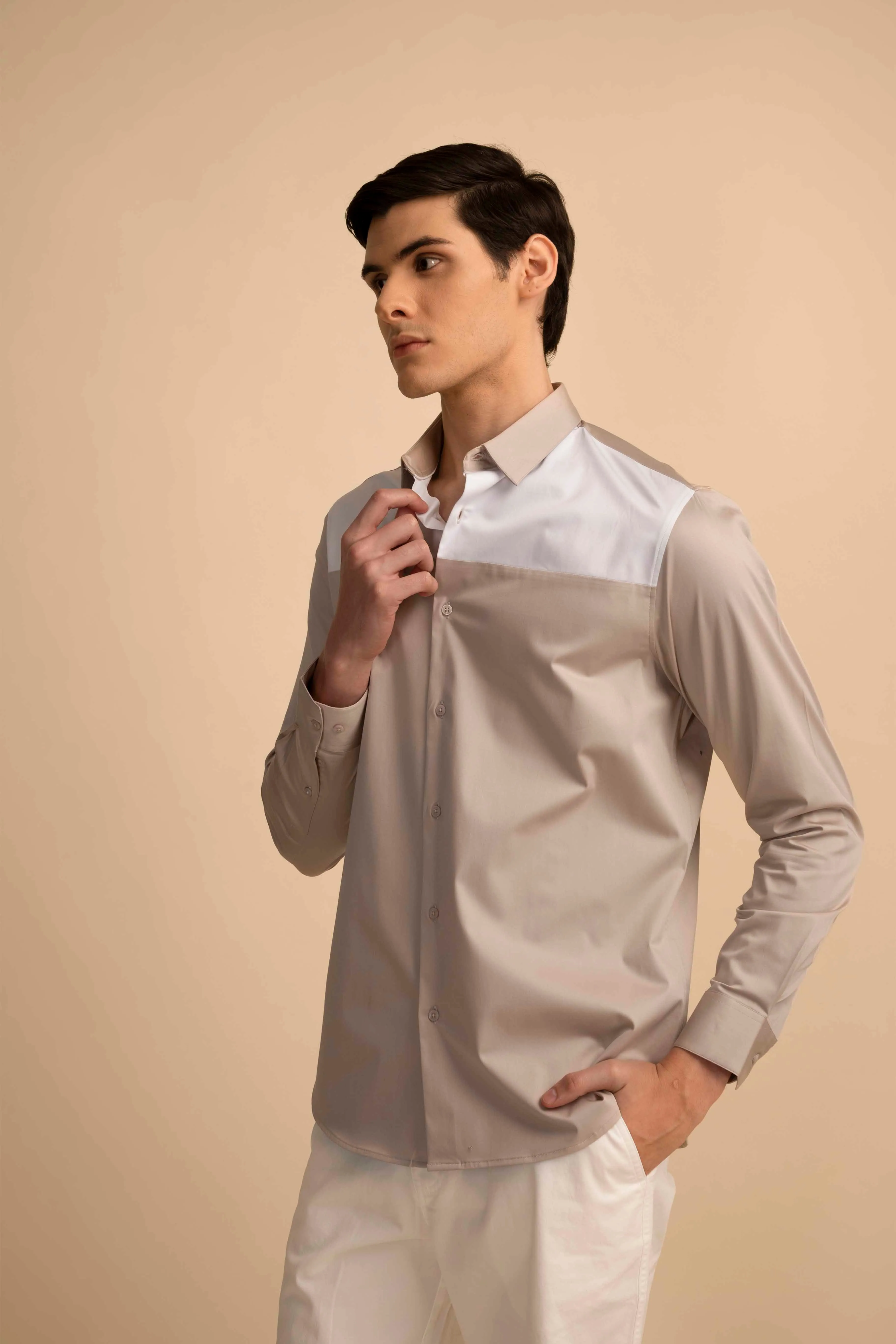 Beige Panel Stretch Satin Shirt EOSS