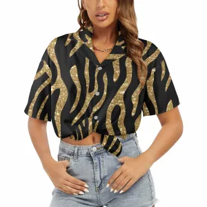 Black and Gold Glitter Leopard Print  Women's Hawaiian Shirt