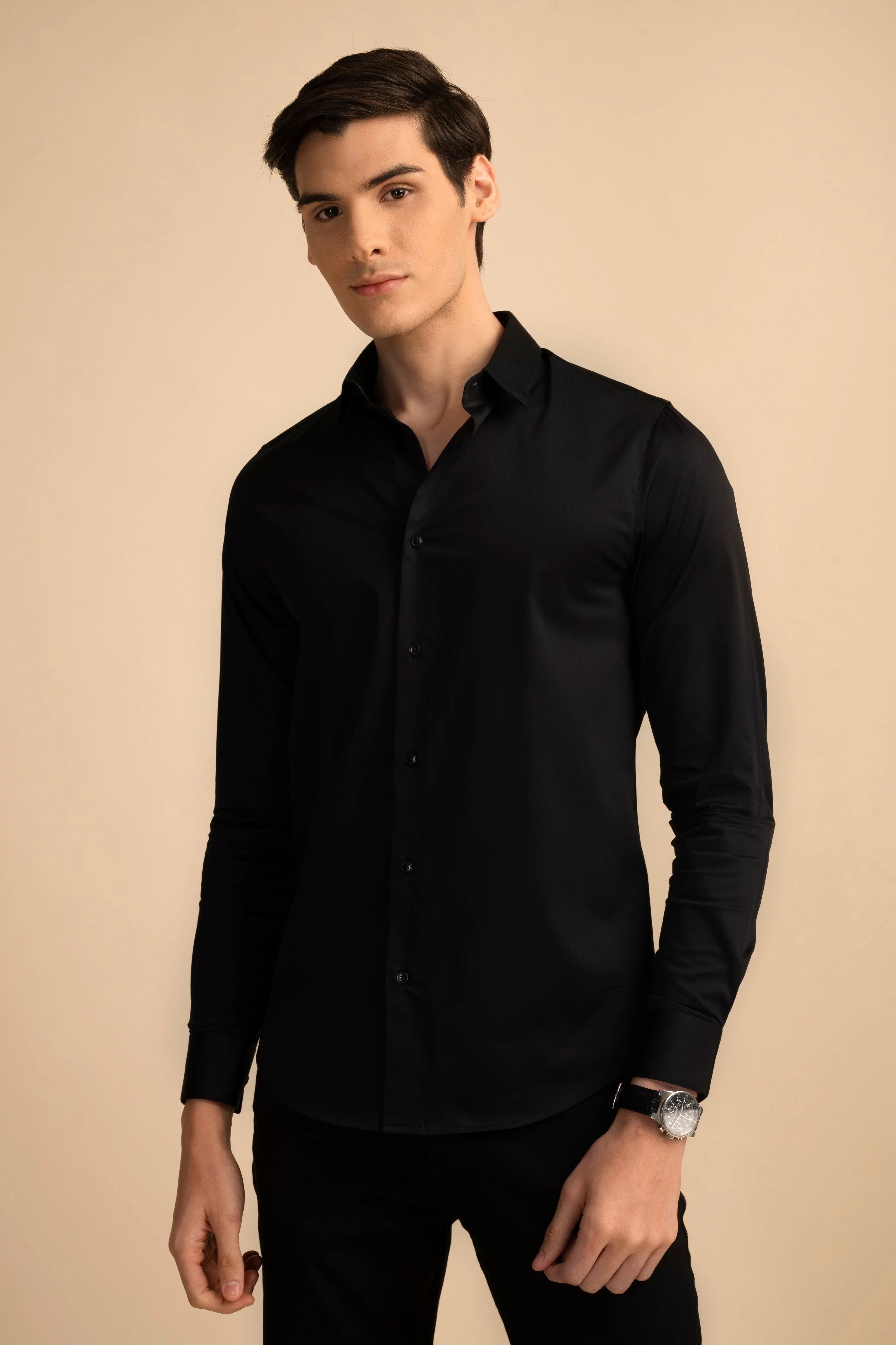 Black Stretch Satin Shirt