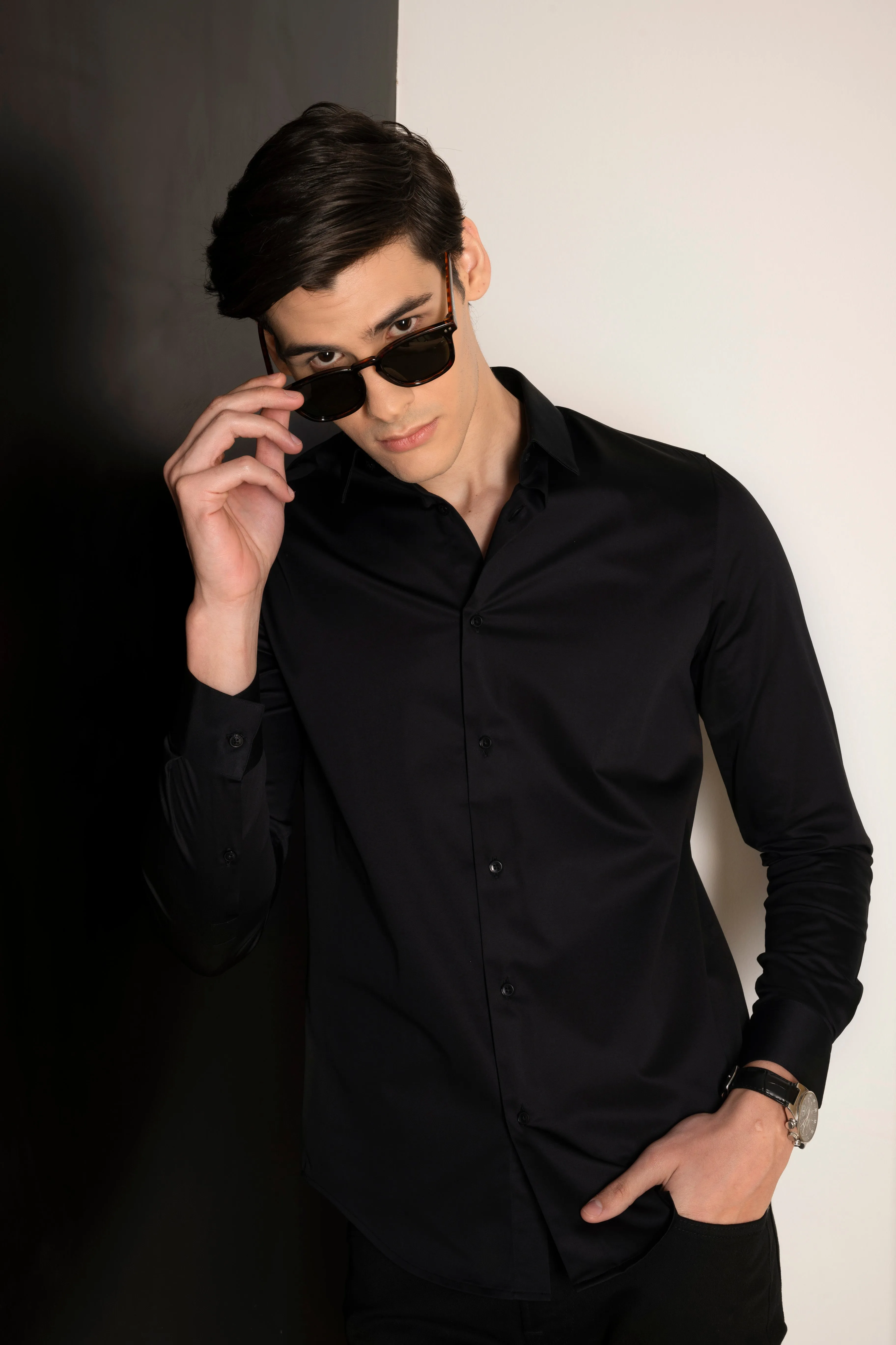 Black Stretch Satin Shirt