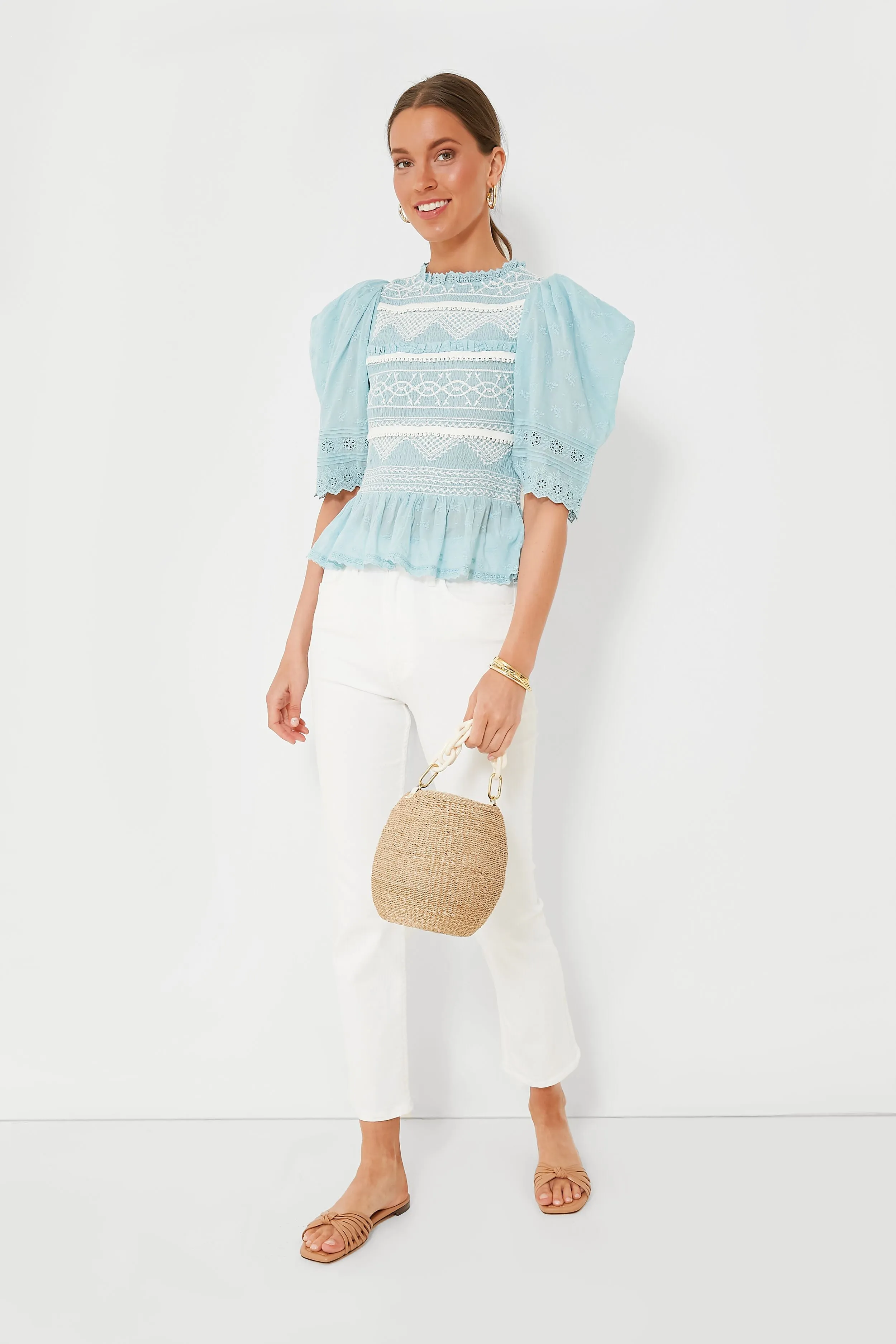 Blue Olga Hand Smocking Puff Sleeve Top