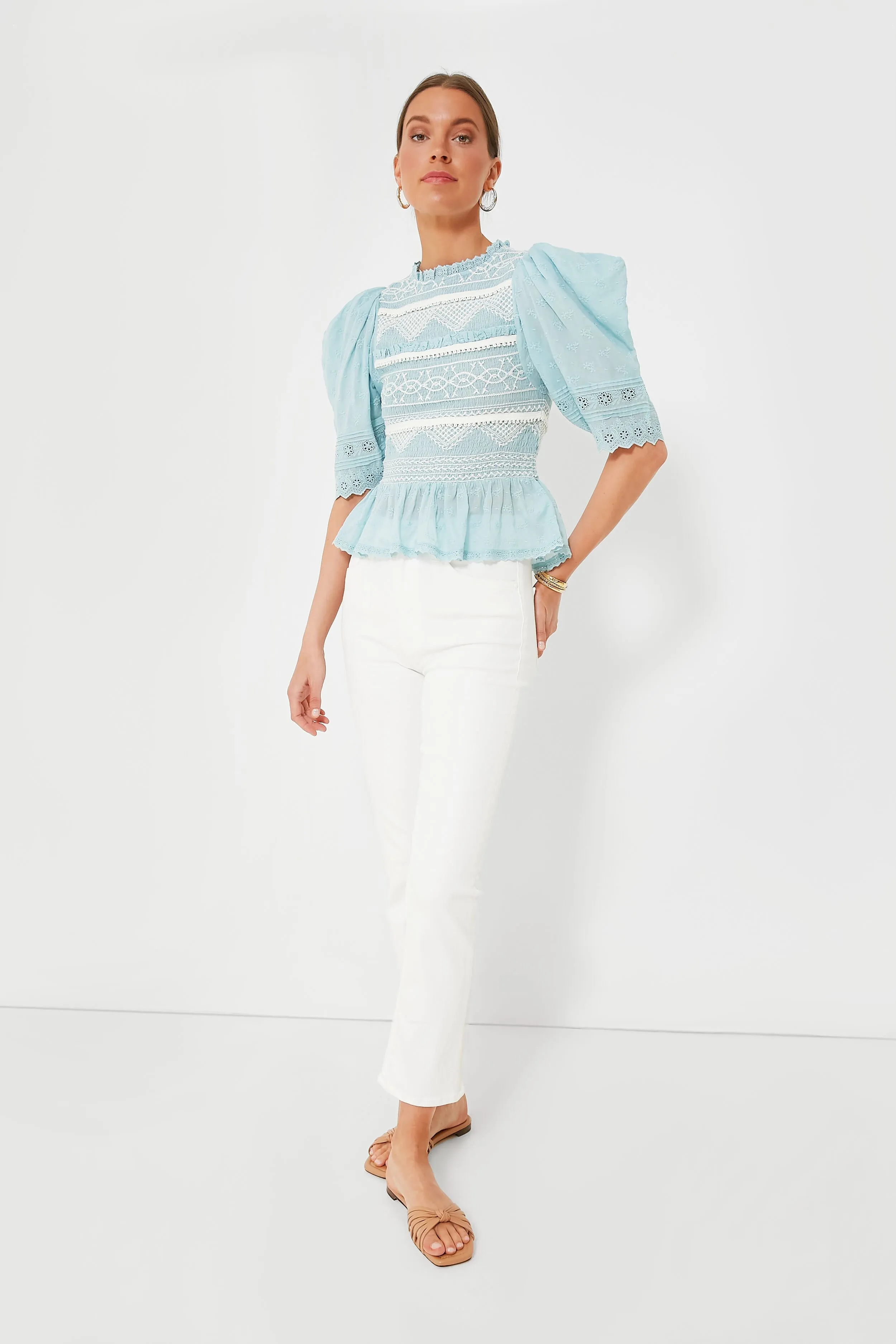 Blue Olga Hand Smocking Puff Sleeve Top