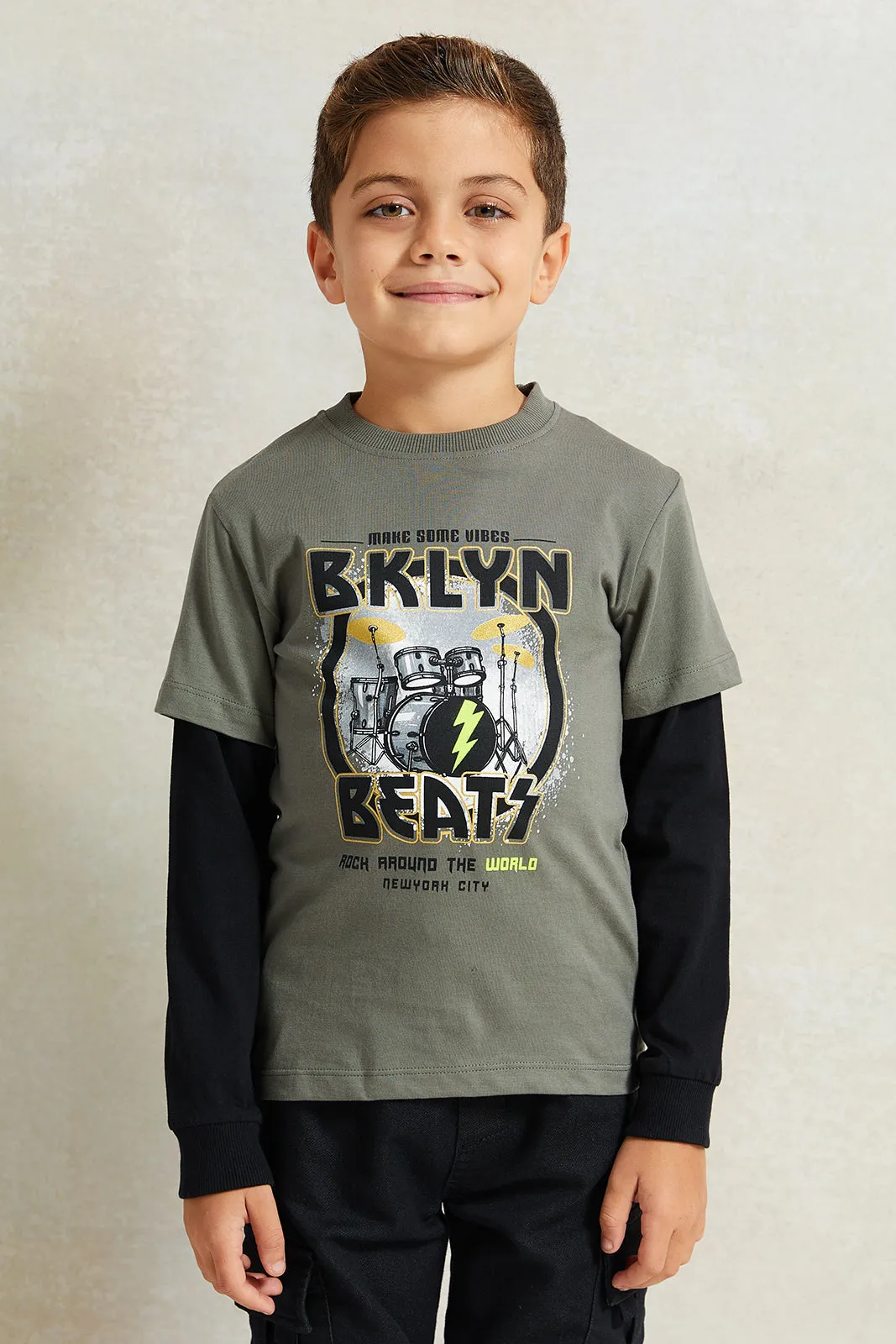 Boys Black And Grey Printed T-Shirt