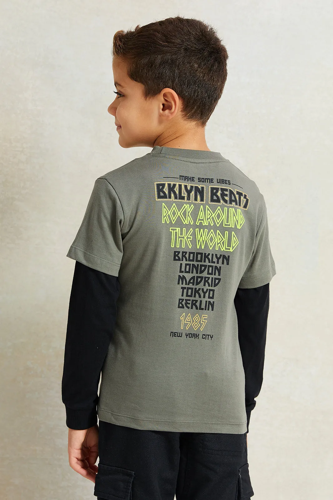 Boys Black And Grey Printed T-Shirt