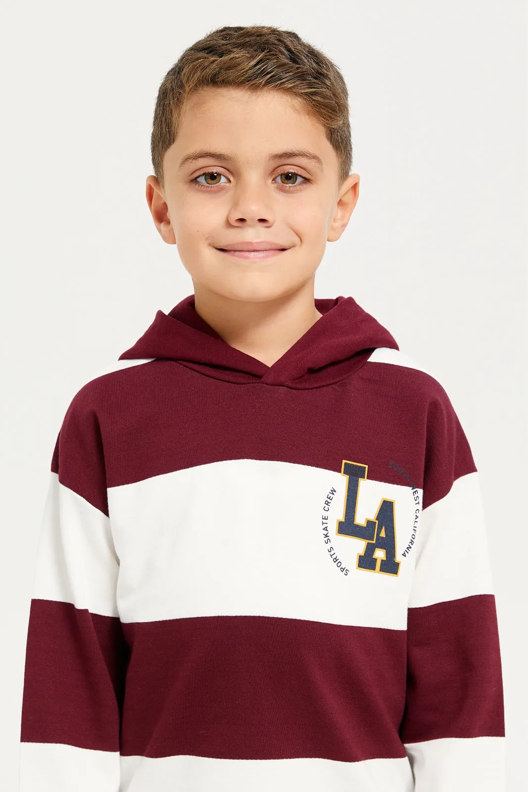 Boys Burgundy And White Stripes Hooded T-Shirt