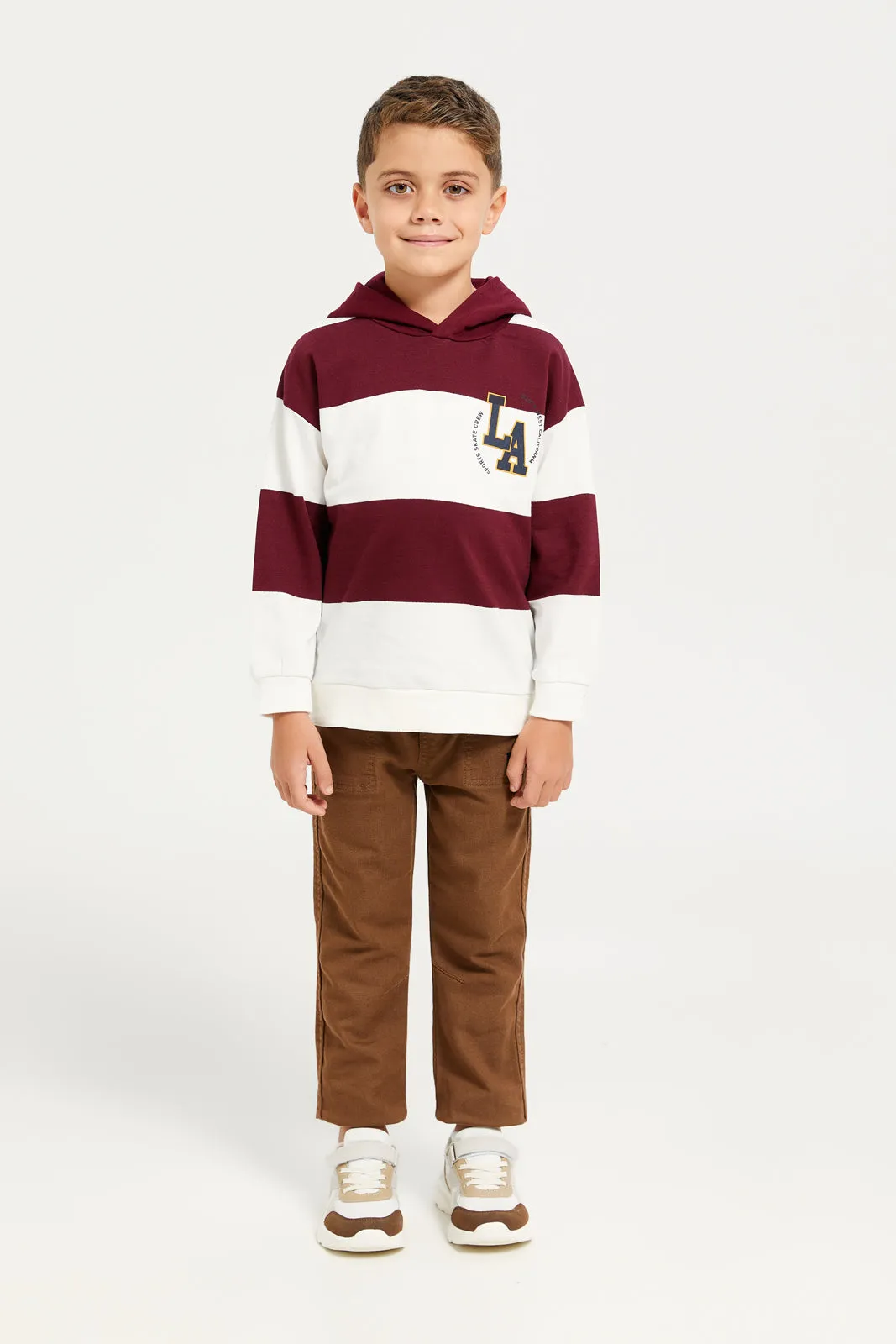 Boys Burgundy And White Stripes Hooded T-Shirt