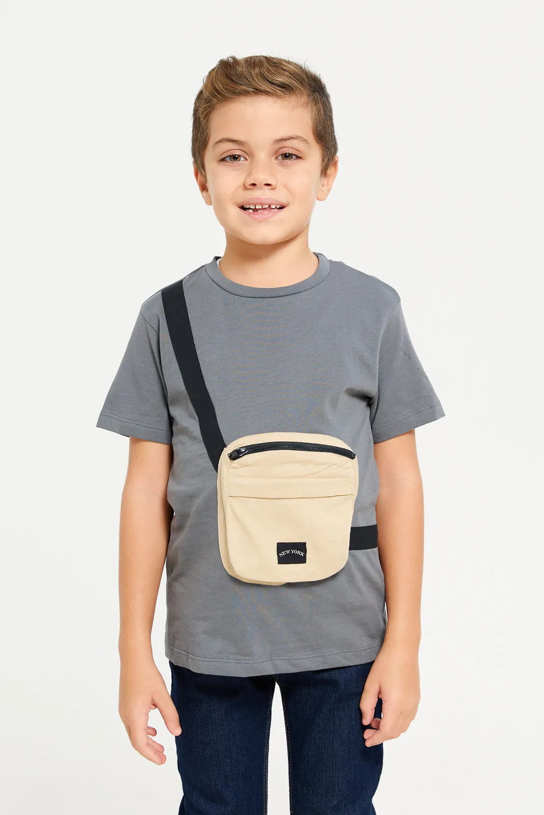 Boys Grey Plain T-Shirt With Bag