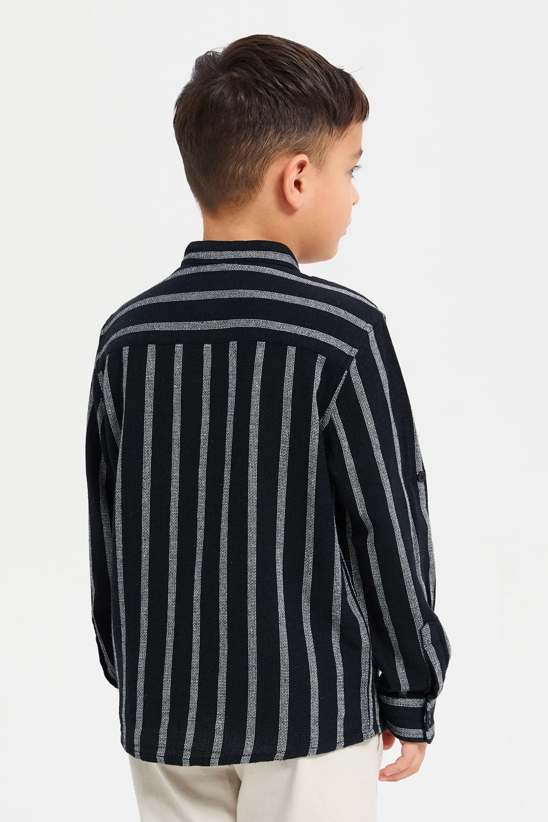 Boys Navy Mandarin Collar Shirt