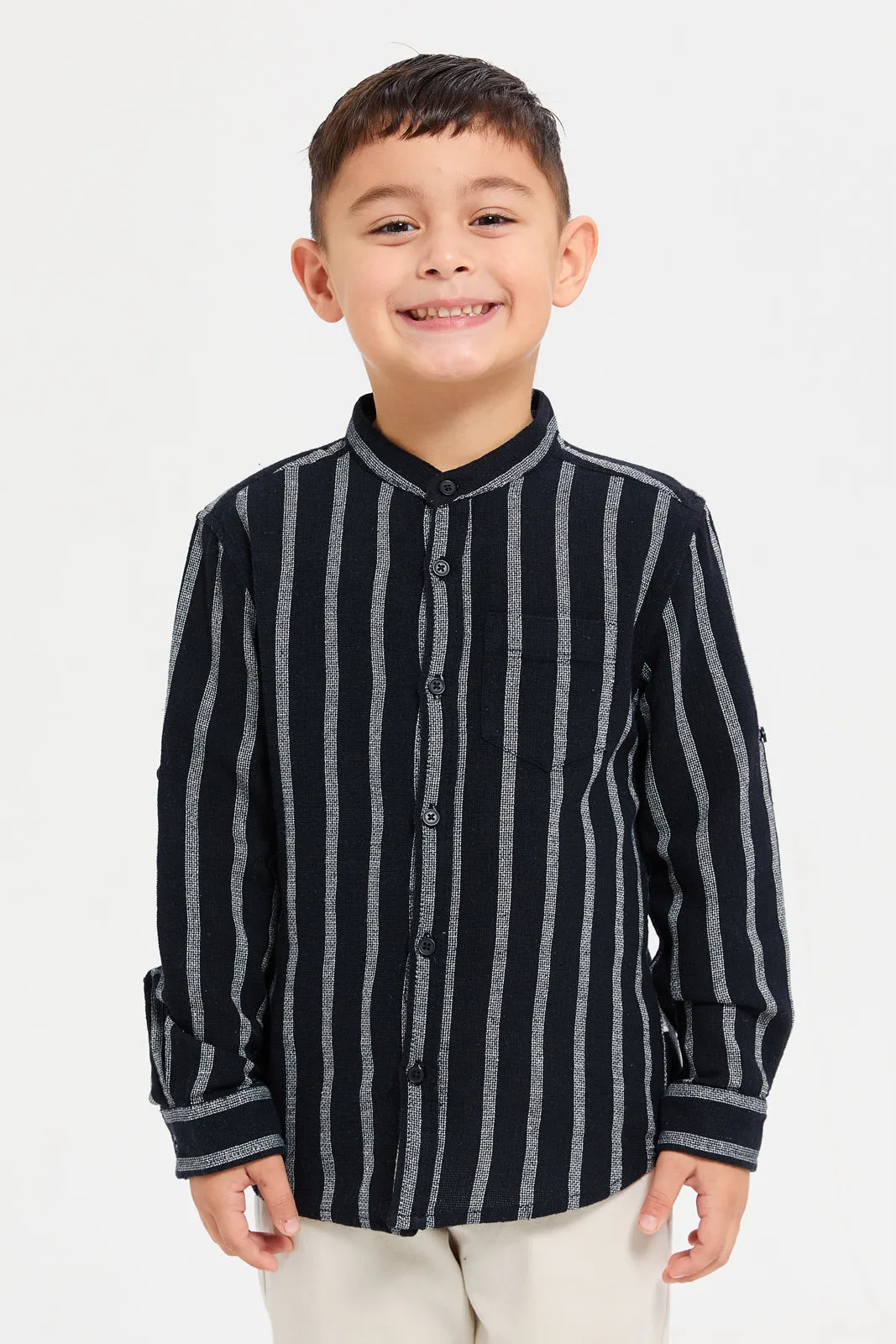 Boys Navy Mandarin Collar Shirt