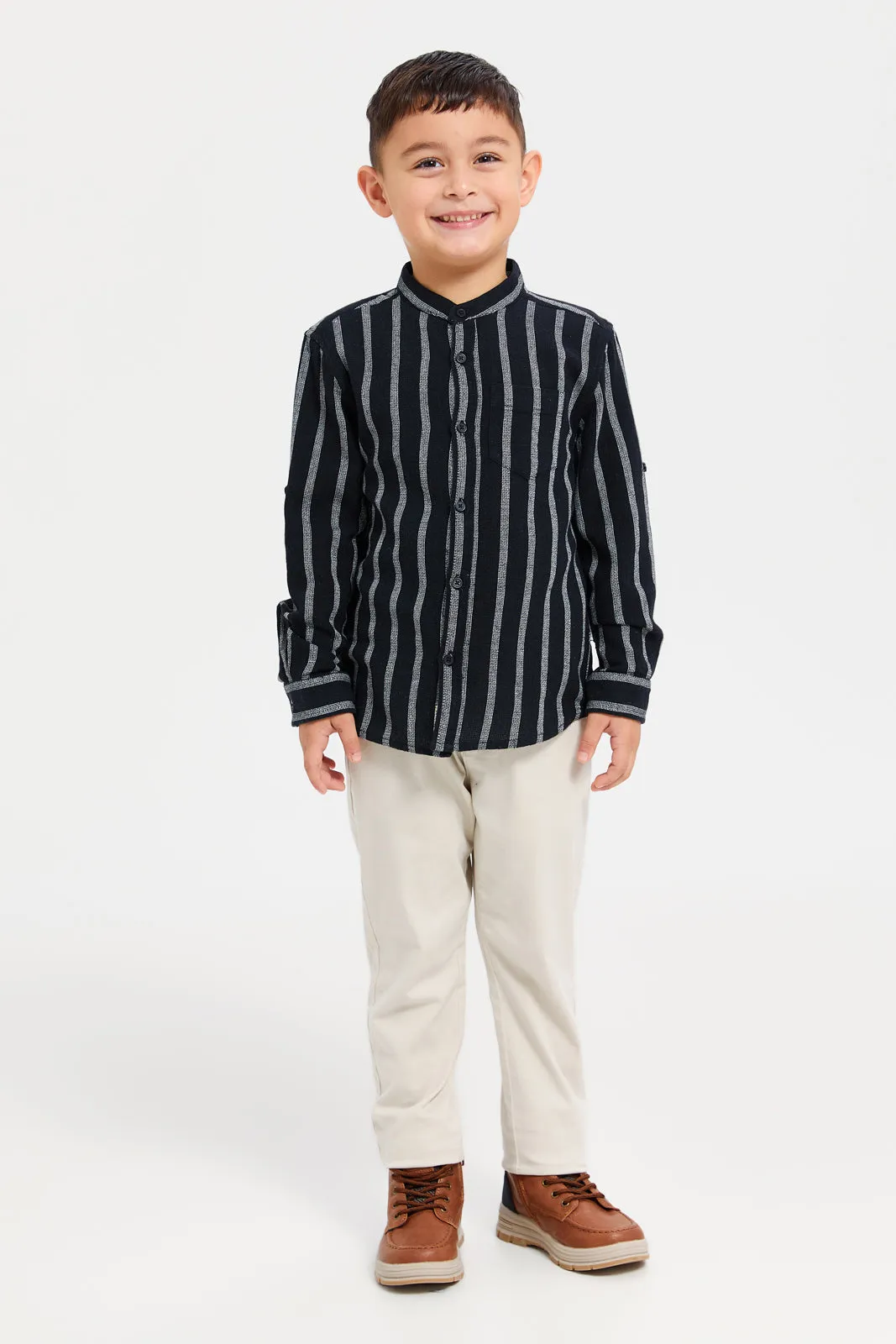 Boys Navy Mandarin Collar Shirt