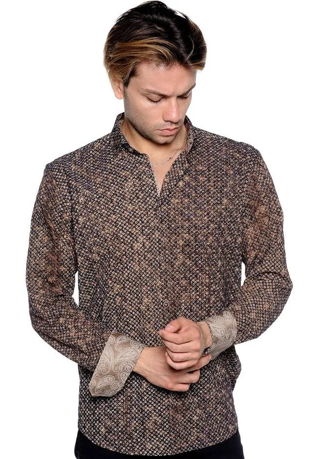 Brown & Navy Neat Print Sport Shirt