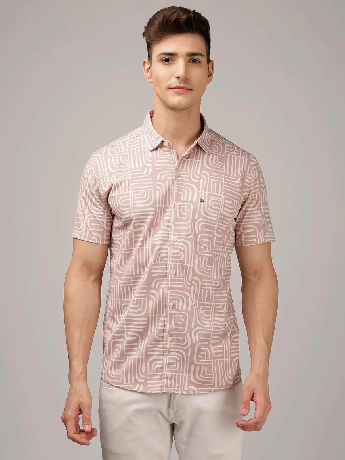 BULLMER Pink Trendy Regular Fit Printed Causal Half sleeve Shirt For Men