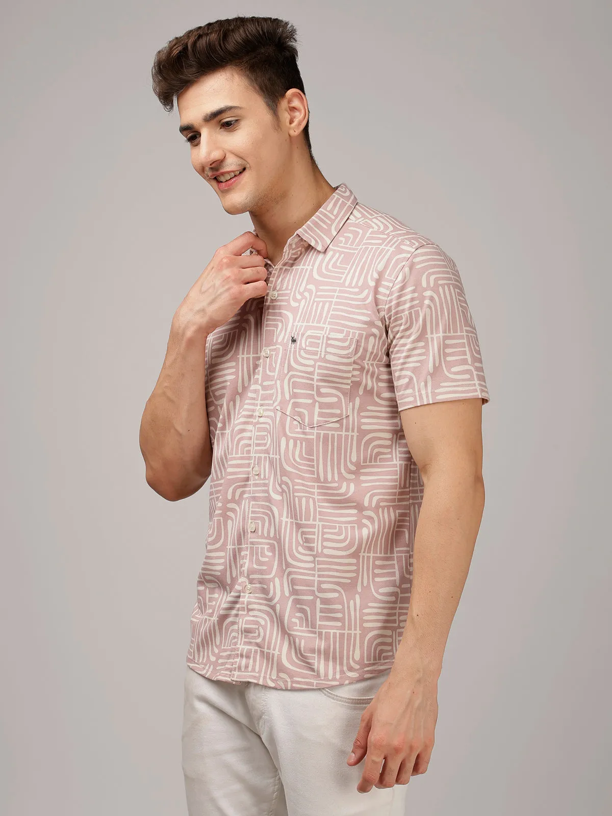 BULLMER Pink Trendy Regular Fit Printed Causal Half sleeve Shirt For Men