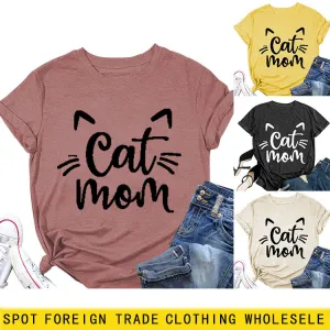 Cat Mom Letter Round Neck Wide Cat Loose Casual Short Sleeve Women's T-shirT-Shirt