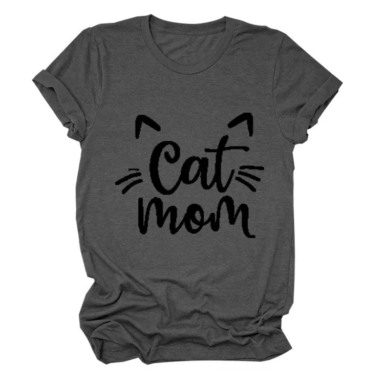 Cat Mom Letter Round Neck Wide Cat Loose Casual Short Sleeve Women's T-shirT-Shirt