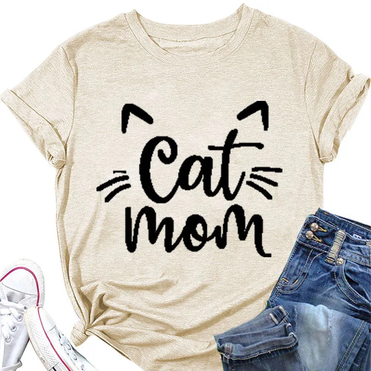 Cat Mom Letter Round Neck Wide Cat Loose Casual Short Sleeve Women's T-shirT-Shirt