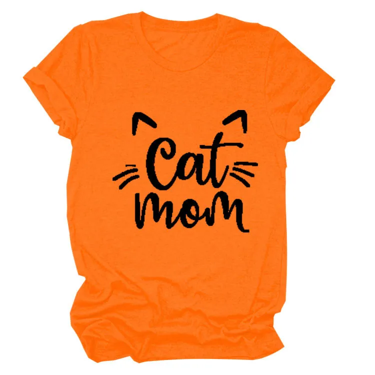 Cat Mom Letter Round Neck Wide Cat Loose Casual Short Sleeve Women's T-shirT-Shirt