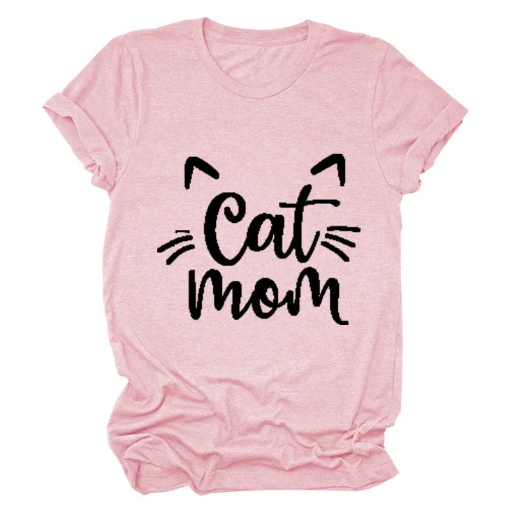 Cat Mom Letter Round Neck Wide Cat Loose Casual Short Sleeve Women's T-shirT-Shirt