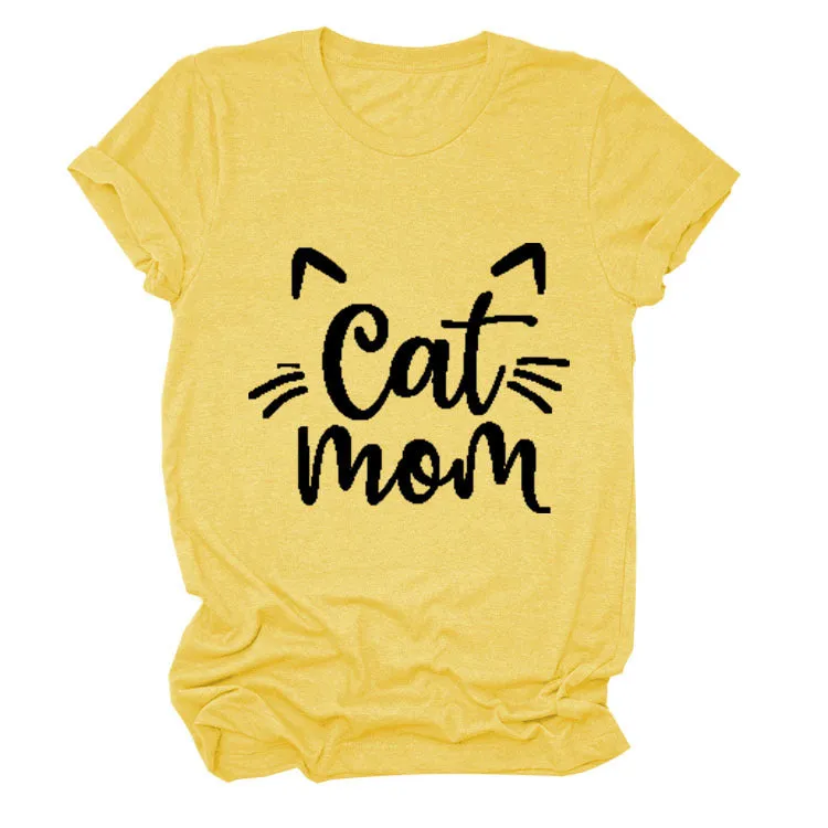 Cat Mom Letter Round Neck Wide Cat Loose Casual Short Sleeve Women's T-shirT-Shirt