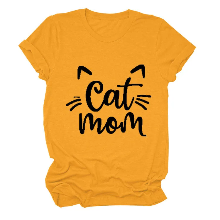 Cat Mom Letter Round Neck Wide Cat Loose Casual Short Sleeve Women's T-shirT-Shirt