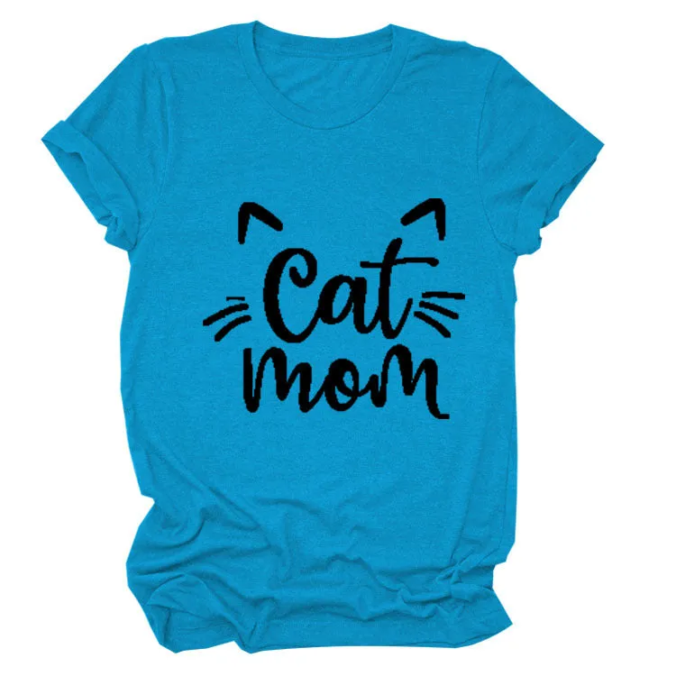 Cat Mom Letter Round Neck Wide Cat Loose Casual Short Sleeve Women's T-shirT-Shirt