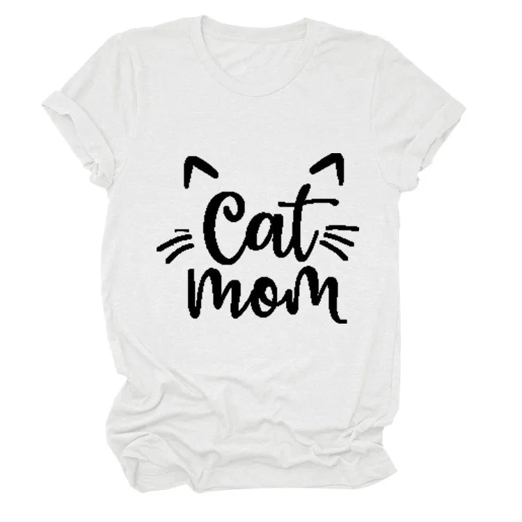 Cat Mom Letter Round Neck Wide Cat Loose Casual Short Sleeve Women's T-shirT-Shirt