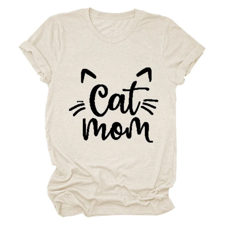 Cat Mom Letter Round Neck Wide Cat Loose Casual Short Sleeve Women's T-shirT-Shirt