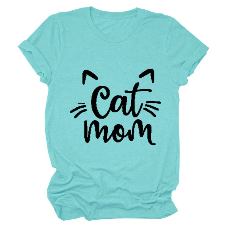 Cat Mom Letter Round Neck Wide Cat Loose Casual Short Sleeve Women's T-shirT-Shirt