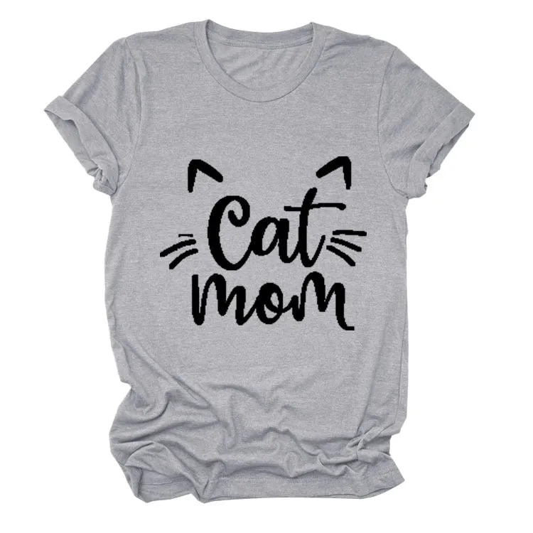 Cat Mom Letter Round Neck Wide Cat Loose Casual Short Sleeve Women's T-shirT-Shirt