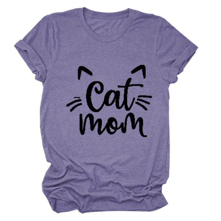 Cat Mom Letter Round Neck Wide Cat Loose Casual Short Sleeve Women's T-shirT-Shirt