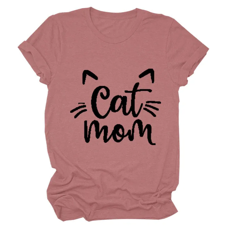 Cat Mom Letter Round Neck Wide Cat Loose Casual Short Sleeve Women's T-shirT-Shirt