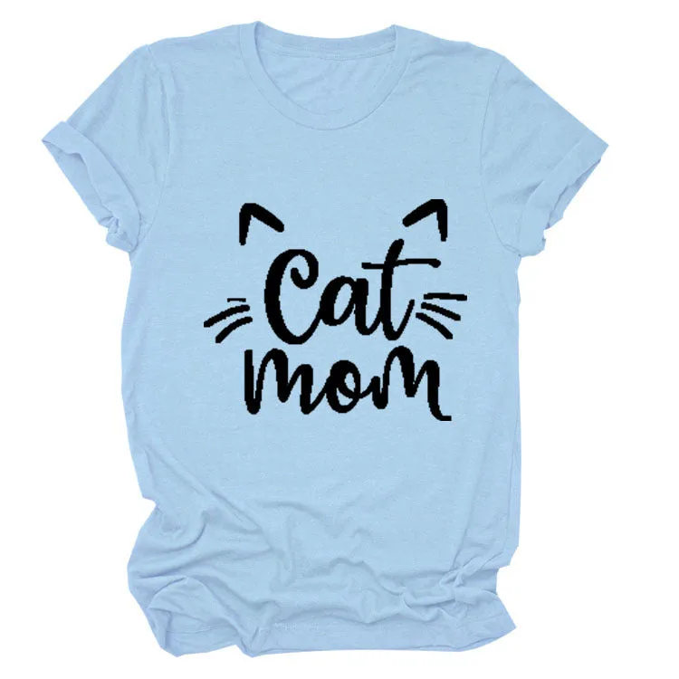 Cat Mom Letter Round Neck Wide Cat Loose Casual Short Sleeve Women's T-shirT-Shirt