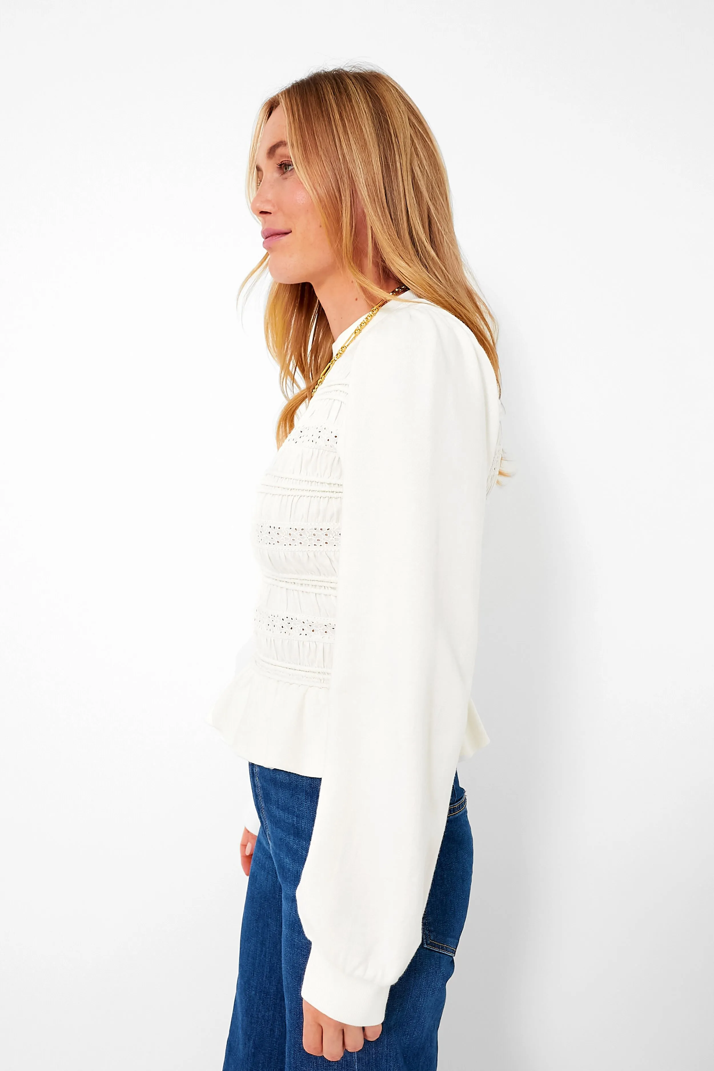 Cream Rita Jersey Long Sleeve Smocked Top