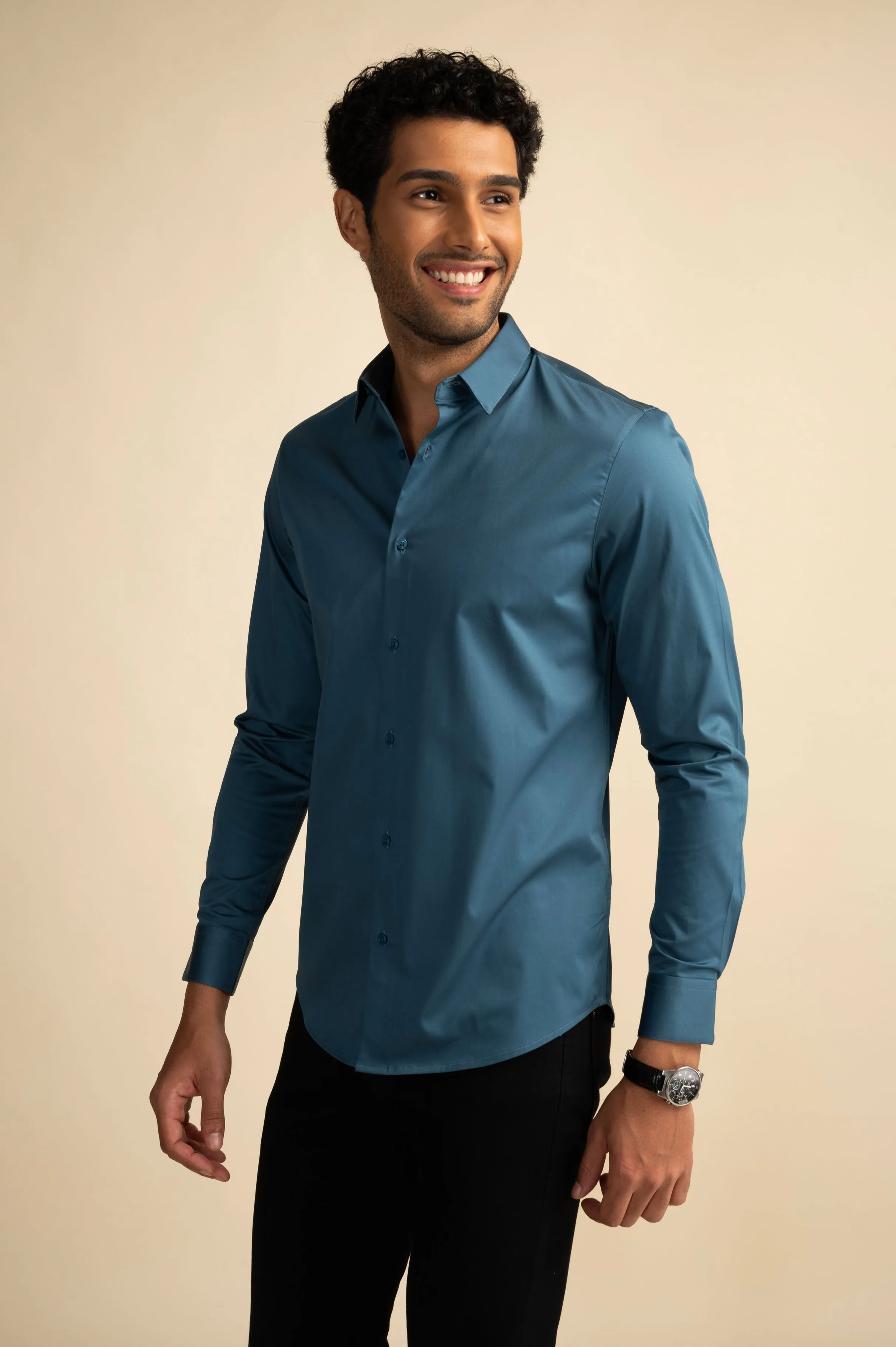 Cyan Stretch Satin Shirt