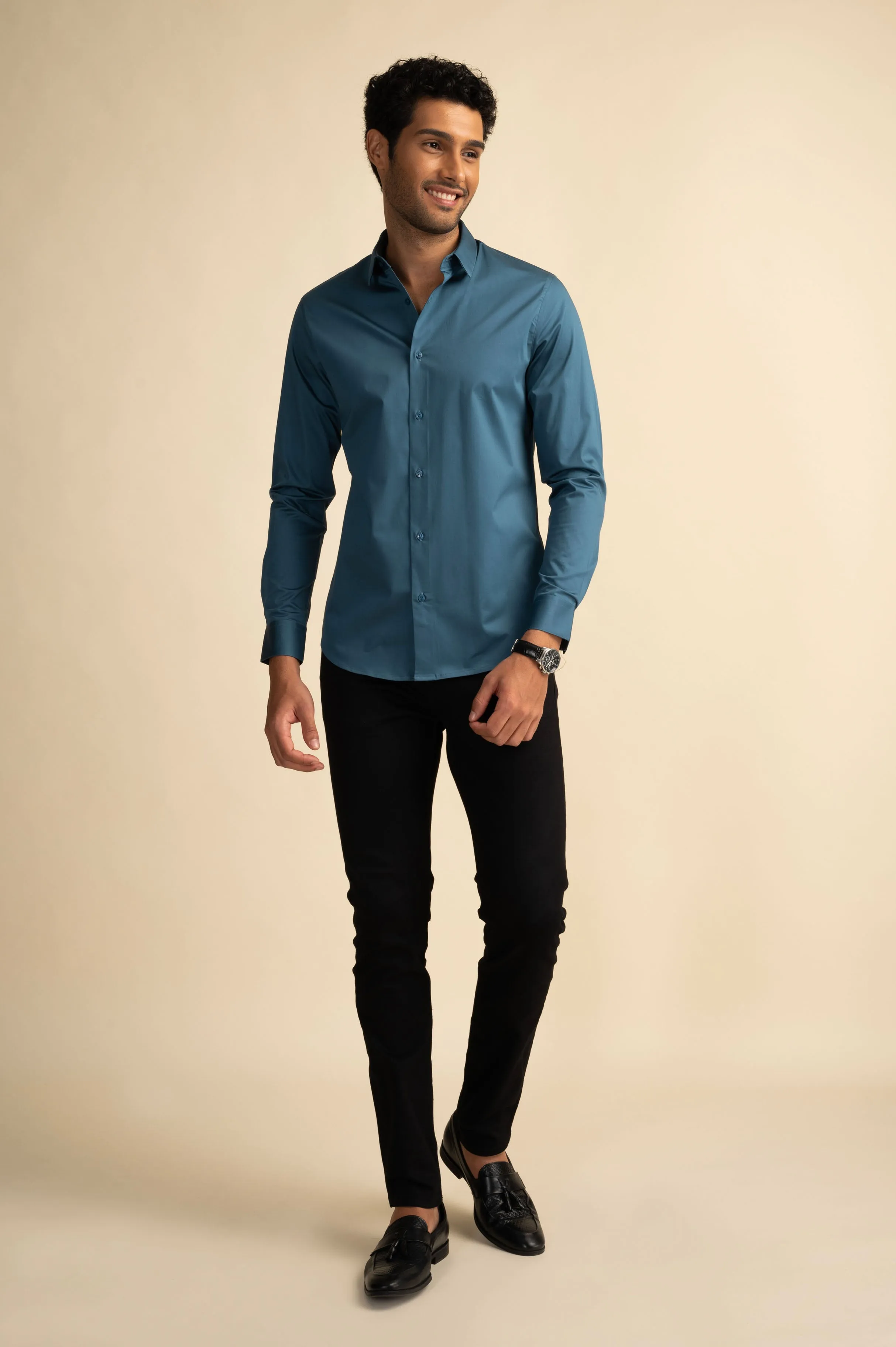 Cyan Stretch Satin Shirt