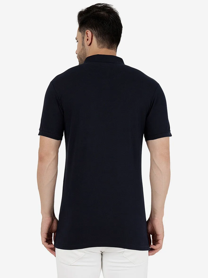 Dark Navy Blue Solid Slim Fit Polo T-Shirt | JadeBlue