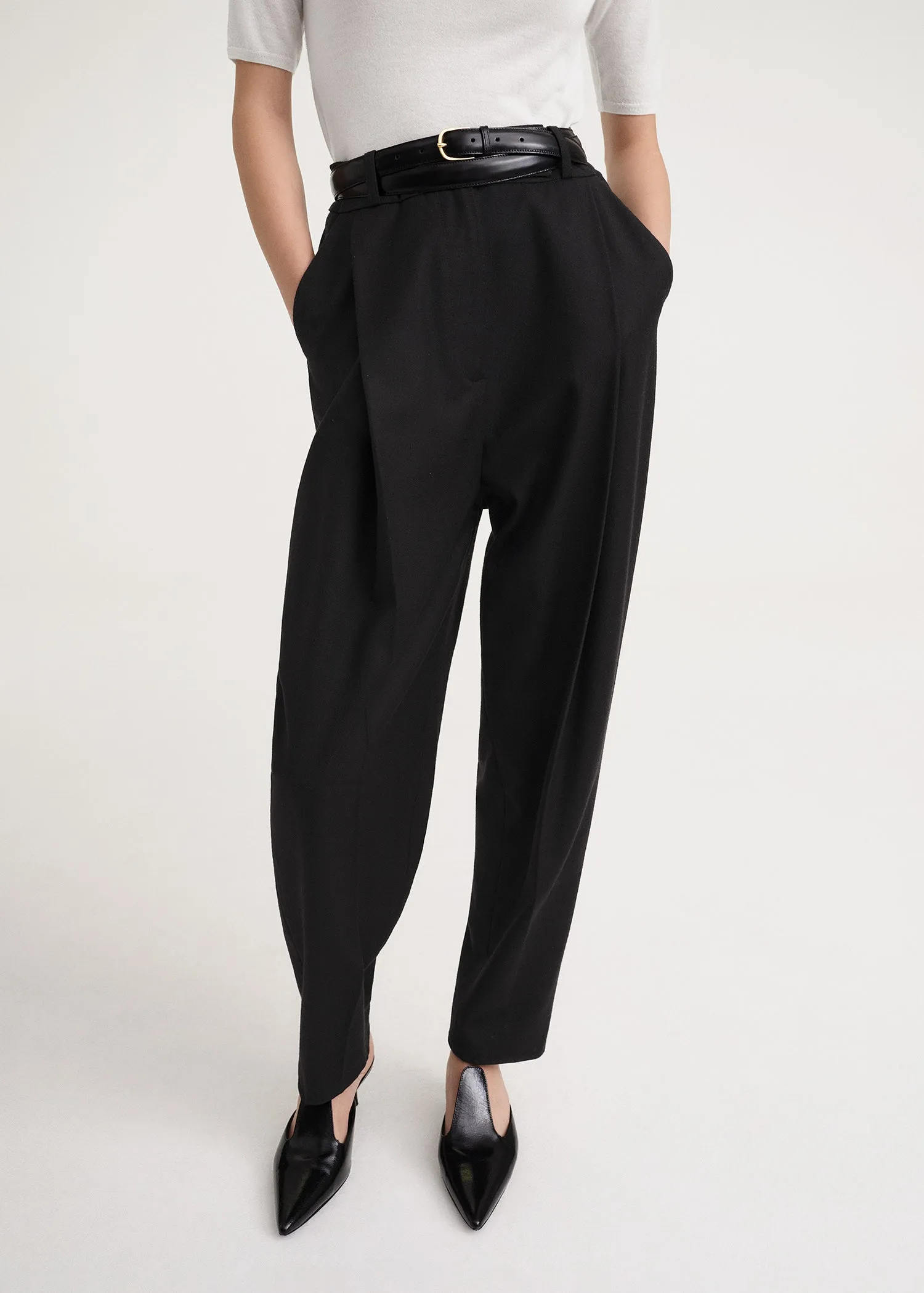 Deep pleat wool trousers black