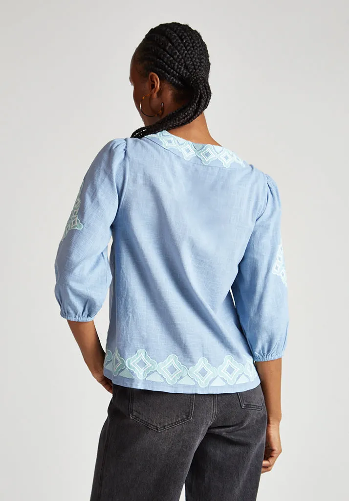 Eve V-Neck Embroidered Blouse In Blue