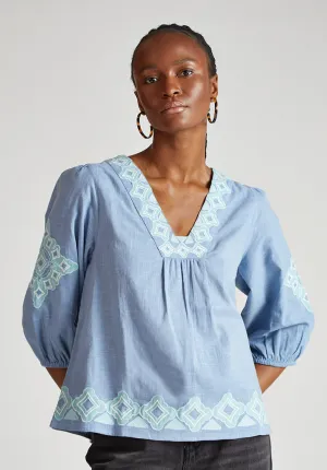 Eve V-Neck Embroidered Blouse In Blue