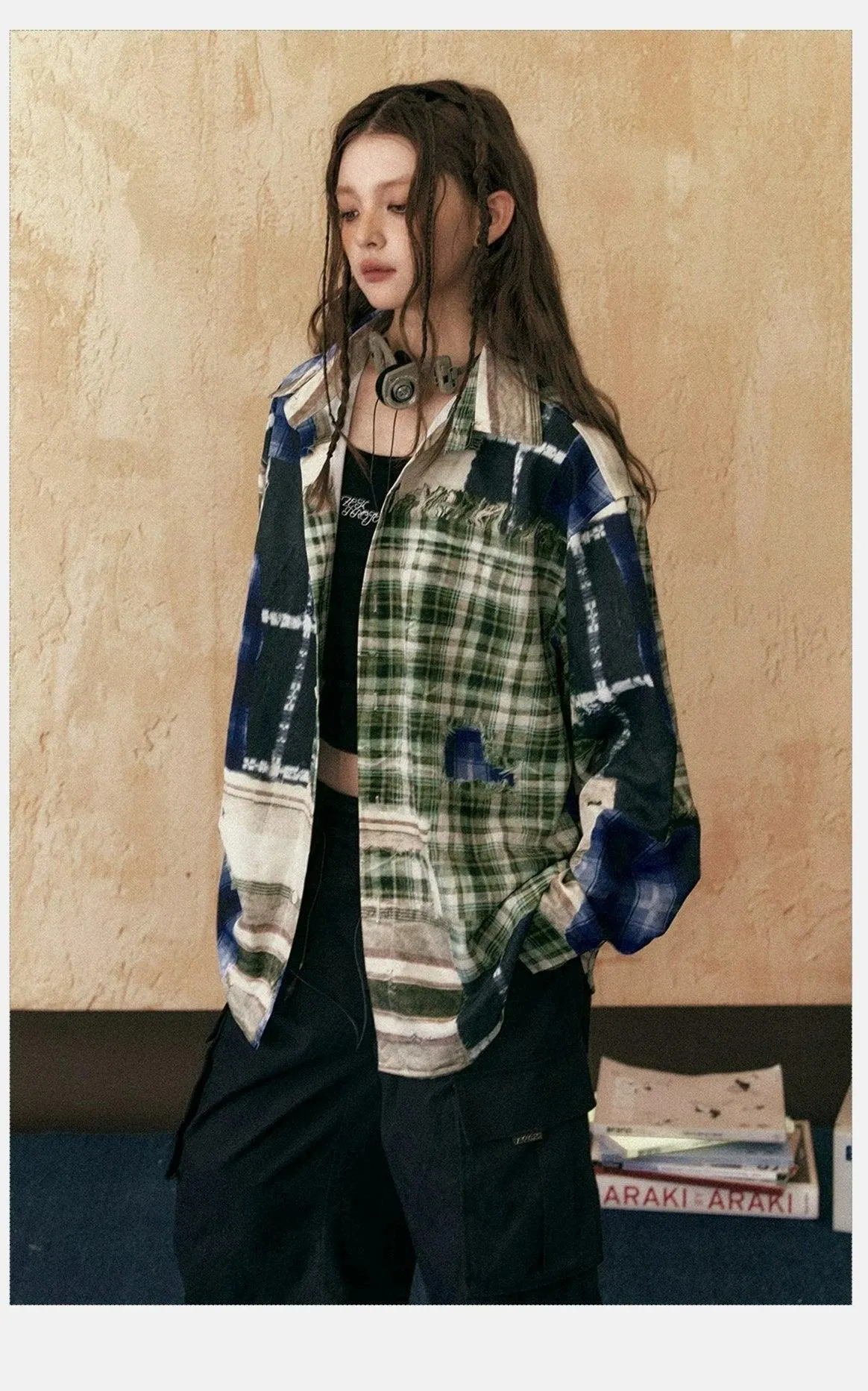 Ezek Oversized Patchwork Plaid Shirt - Unisex Grunge Tie-Dye Flannel Button-Up Jacket