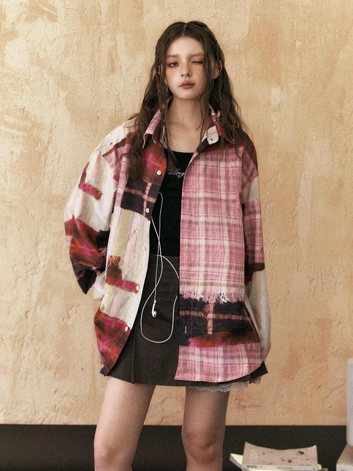 Ezek Oversized Patchwork Plaid Shirt - Unisex Grunge Tie-Dye Flannel Button-Up Jacket